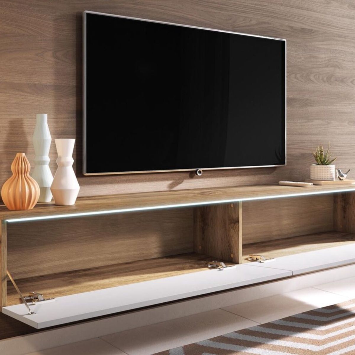 TU MESITA - Mesa de TV clásica Flotante Odry color BlancoMarrón 2 puertas TU MESITA