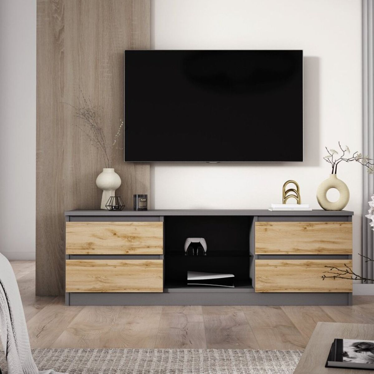 TU MESITA - Mesa de TV Multiusos Maxi color NegroRoble 4 cajones TU MESITA