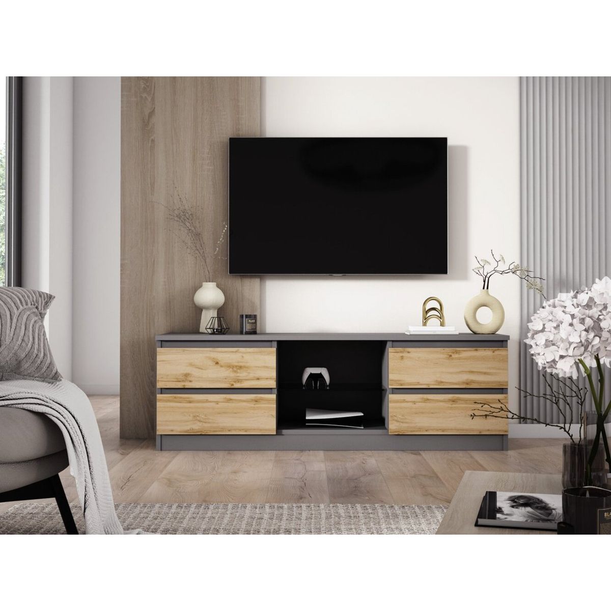 TU MESITA - Mesa de TV Multiusos Maxi color NegroRoble 4 cajones TU MESITA