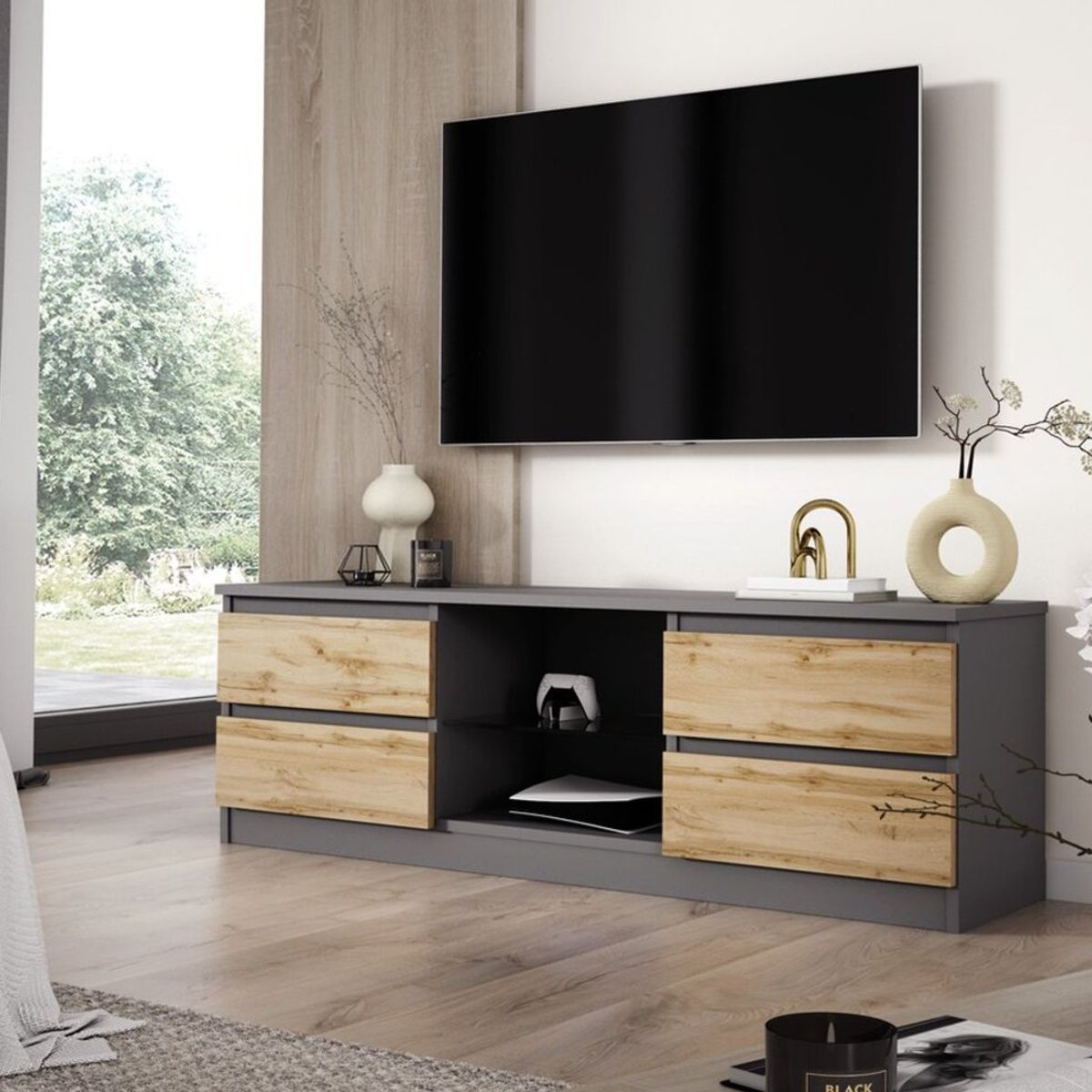 TU MESITA - Mesa de TV Multiusos Maxi color NegroRoble 4 cajones TU MESITA