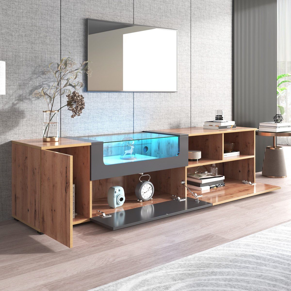 TU MESITA - Mesa de TV larga LED Tommy 3 puertas color RobleGris Oscuro TU MESITA