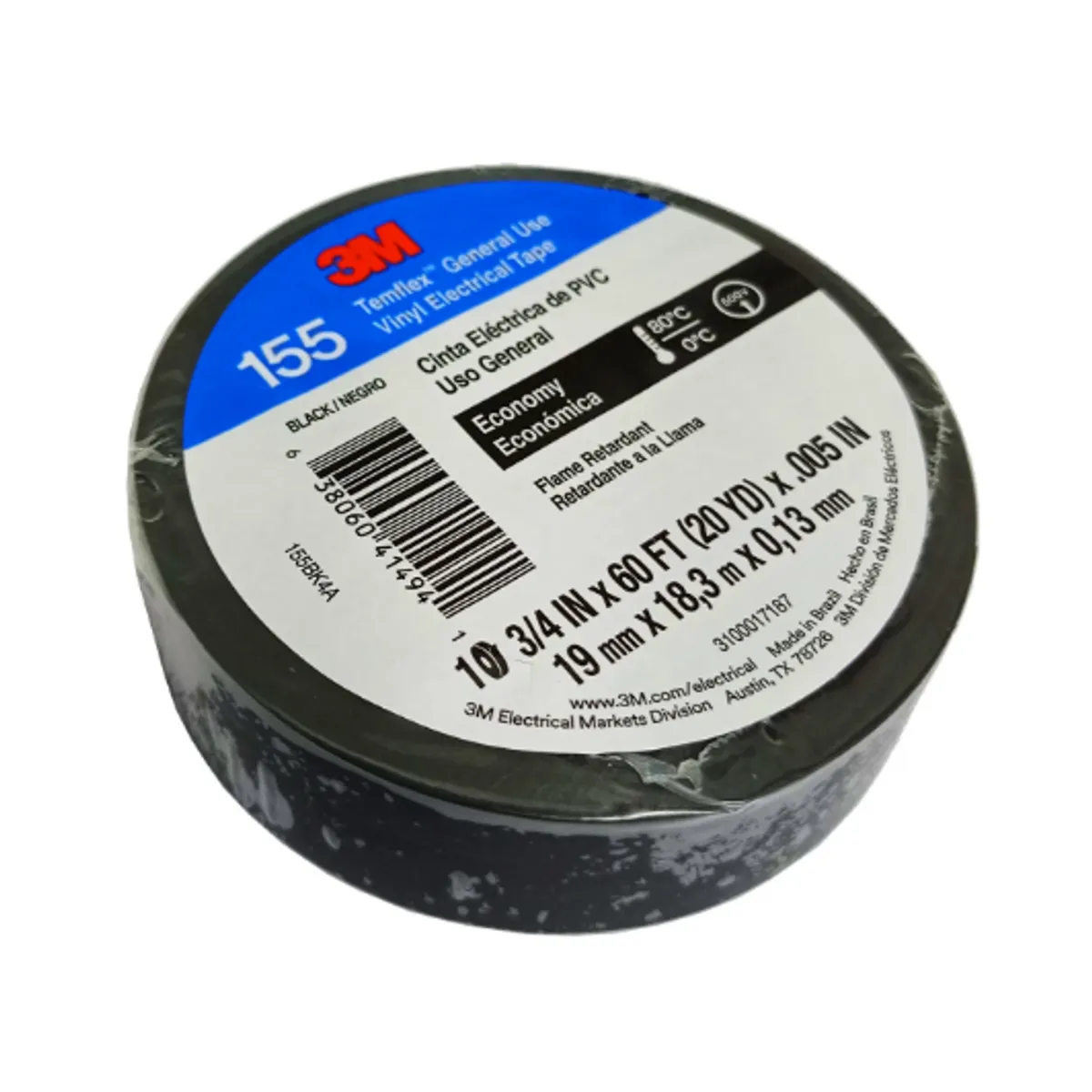 3M - Cinta Eléctrica Aislante de PVC Grande 18 Metros Temflex 155BK4A 3M