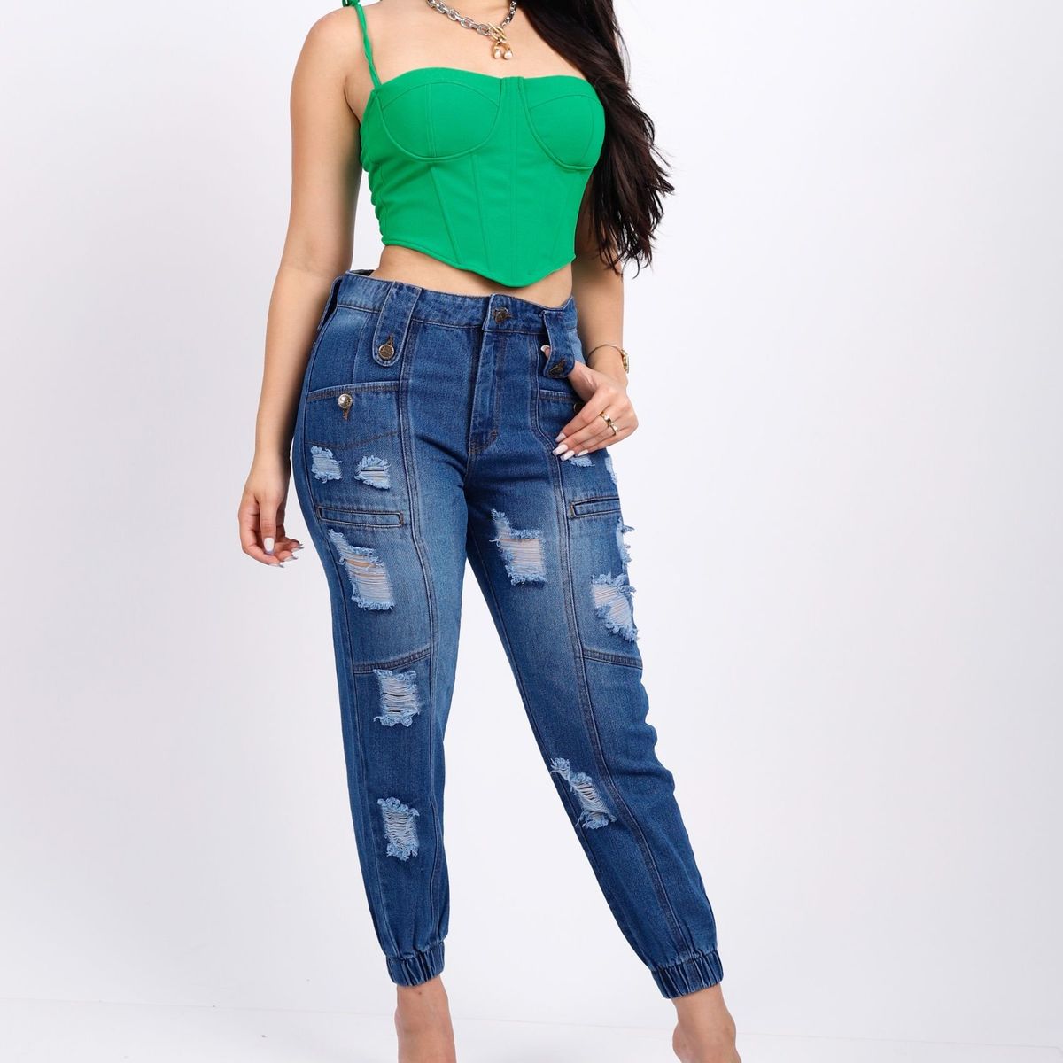 BENCUS JEANS - Pantalón Jeans Rasgado Jogger Mujer