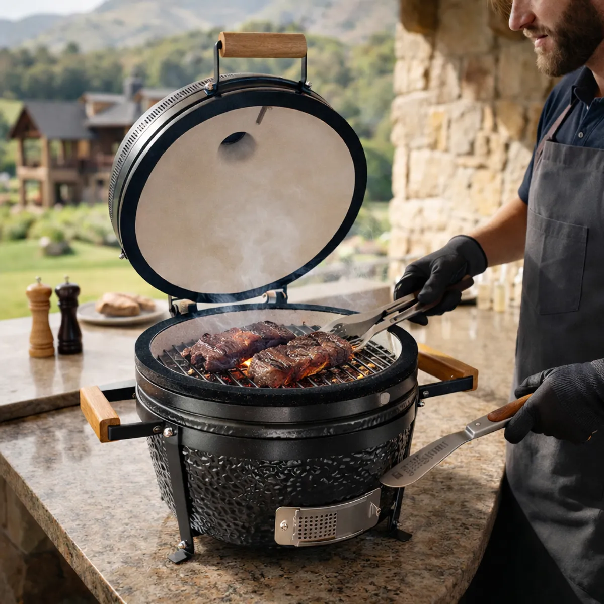 HIGRILL - Kamado 16 Negro Stone Clásico Para Sobre-Mesada Con Soporte - Funda - Herramientas