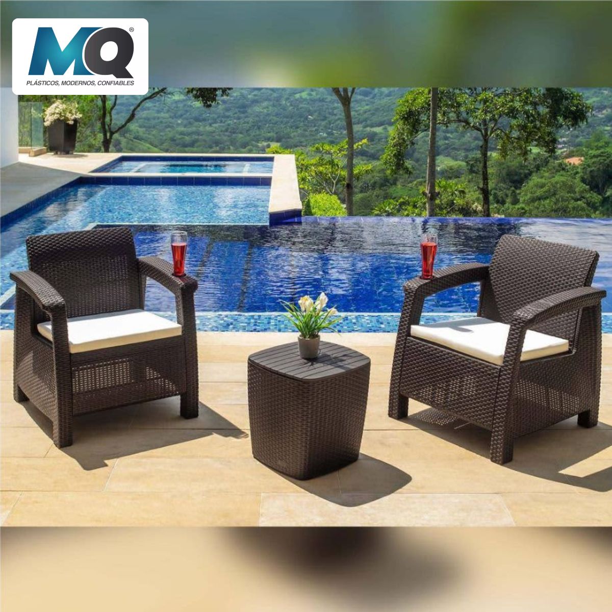 QRUBBER - Juego De Terraza Estilo Ferrara 2 Puestos Color Café Oscuro - MQ