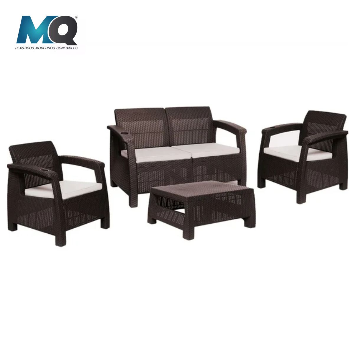 QRUBBER - Juego De Terraza Estilo Ferrara 4 Puestos Modelo Confort Color Café Oscuro - MQ