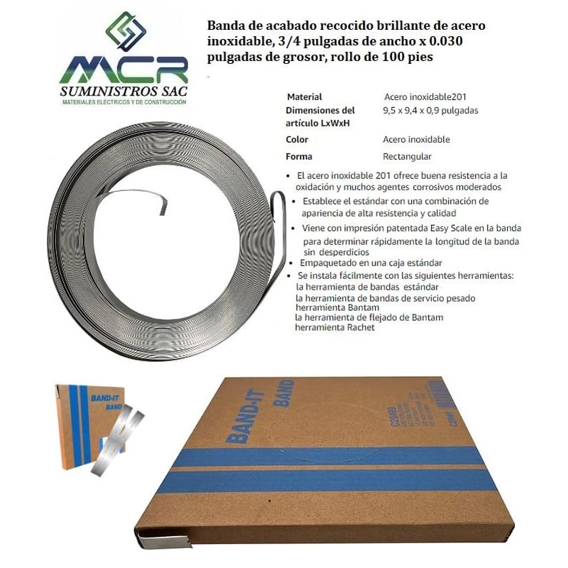 BAND IT - CINTA ZUNCHO O FLEJE DE ACERO INOXIDABLE 201SS TRES CUARTOS 3-4 X076MM