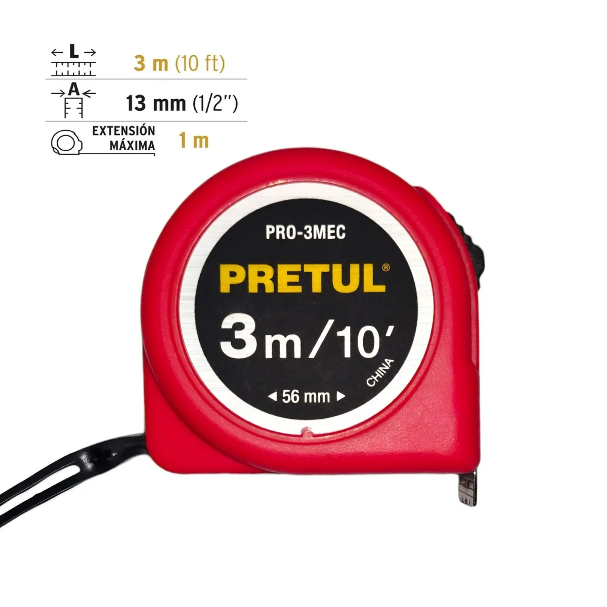 PRETUL - Wincha Cinta Métrica 3 metros Rojo PRETUL