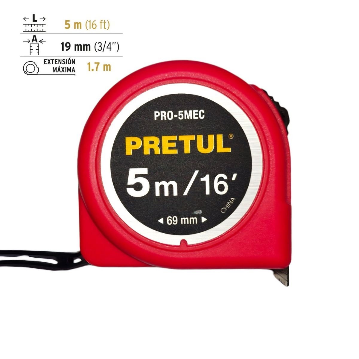 PRETUL - Wincha Cinta Métrica 5 metros Rojo PRETUL