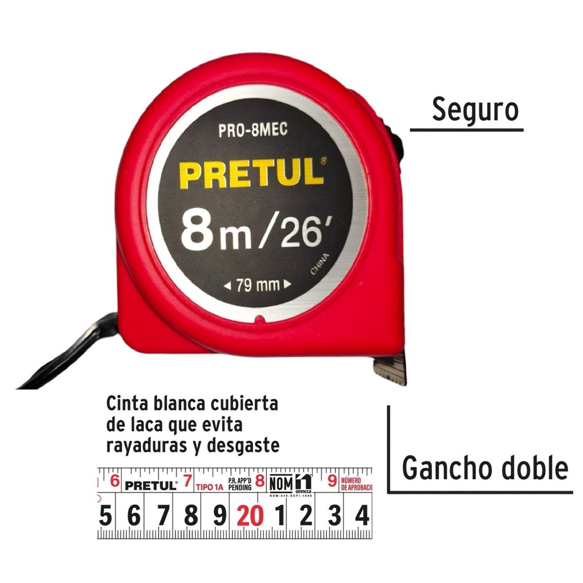 PRETUL - Wincha Cinta Métrica 8 metros Rojo PRETUL