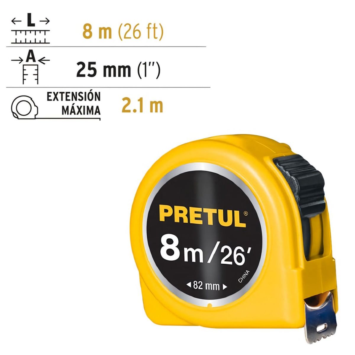 PRETUL - Wincha Cinta Métrica 8 metros Amarillo PRETUL