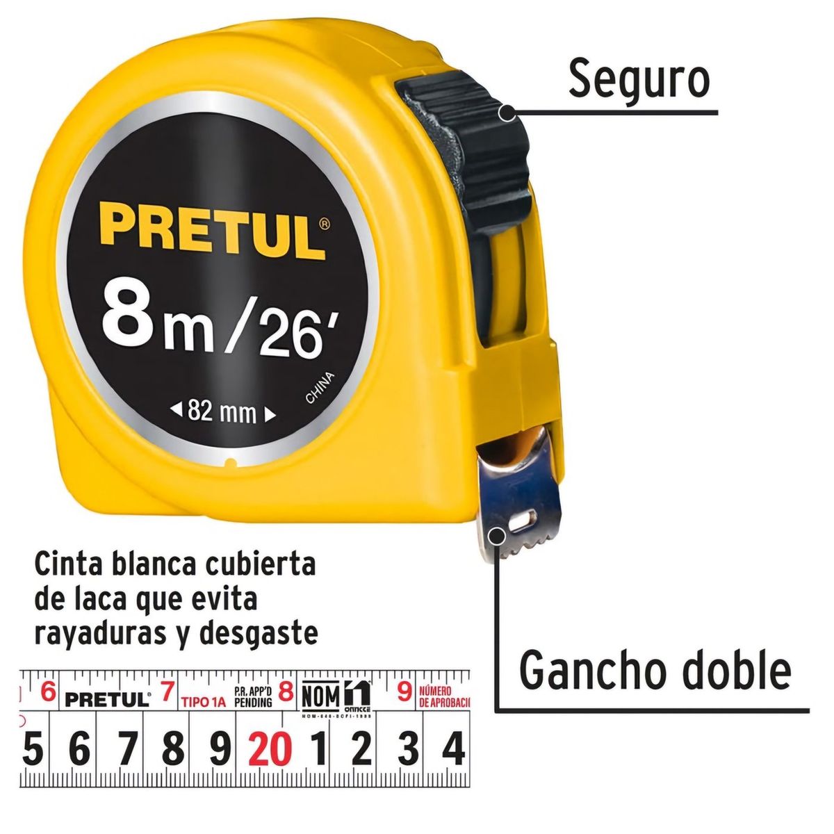 PRETUL - Wincha Cinta Métrica 8 metros Amarillo PRETUL