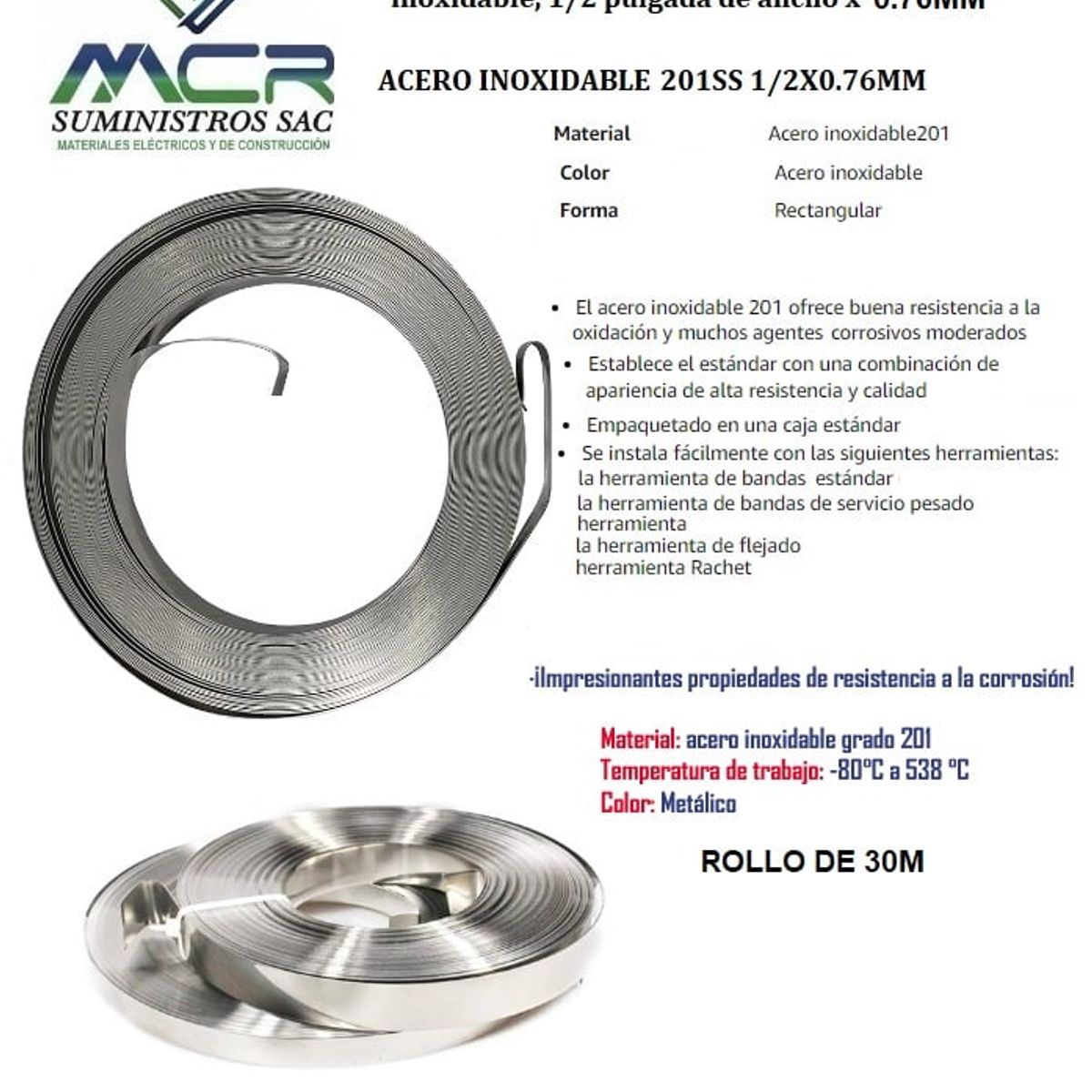 GENERICO - CINTA ZUNCHO O FLEJE DE ACERO INOXIDABLE 201SS MEDIA PULGADA 1-2X076MM