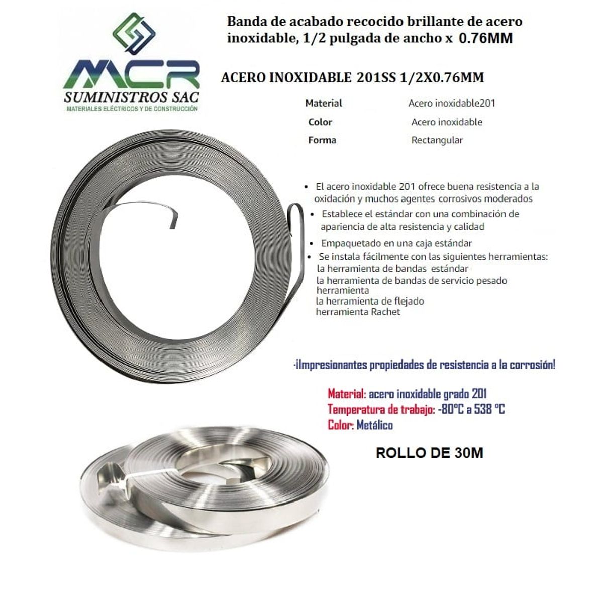 GENERICO - CINTA ZUNCHO O FLEJE DE ACERO INOXIDABLE 201SS MEDIA PULGADA 1-2X076MM