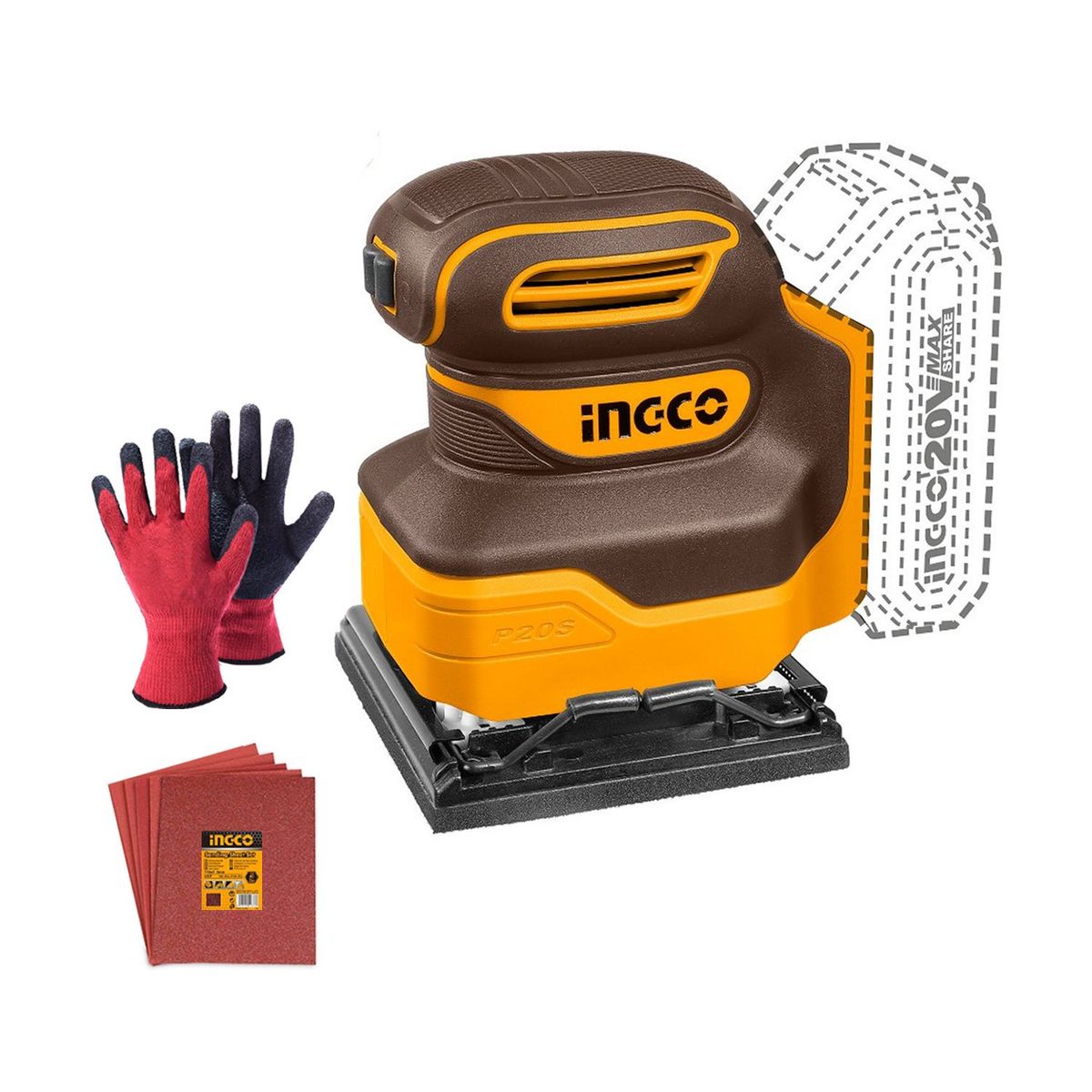 INGCO TOOLS - LIJADORA ORBITAL 20V INALÁMBRICA MADERA + 5 LIJAS GUANTES