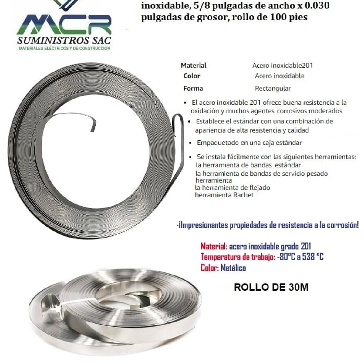 BAND IT - BANDA DE ACERO INOXIDABLE DE CINCO OCTAVO 5-8X076MM 100PIES