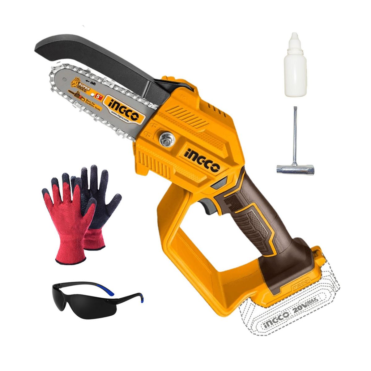 INGCO TOOLS - MOTOSIERRA INALÁMBRICA INGCO CORTADORA MADERA 20V + GUANTES
