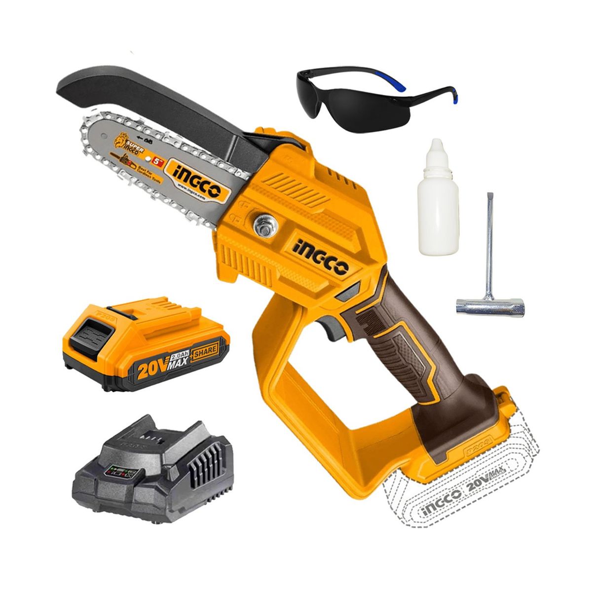 INGCO TOOLS - MOTOSIERRA INALÁMBRICA CORTADORA MADERA 20V BATERÍA 20AH