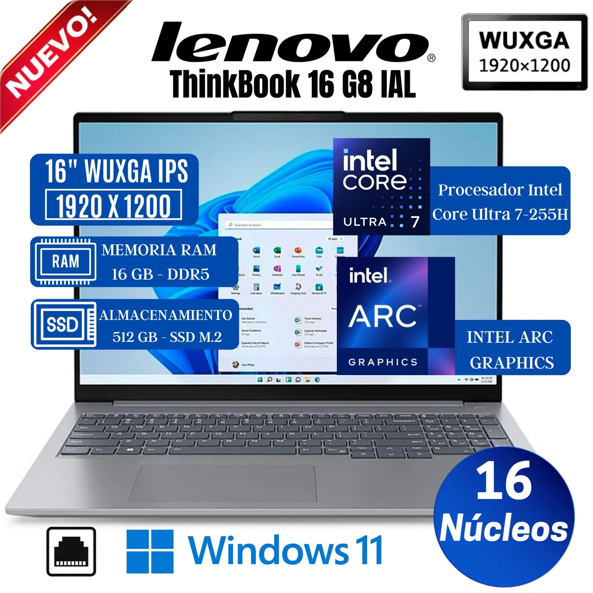 LENOVO - Laptop Lenovo ThinkBook 16 G8 IAL 16" WUXGA IPS, Core Ultra 7-255H, Ram 16GB, Ssd 512GB, Win 11