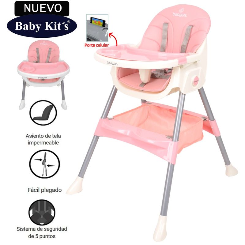 BABY KITS - Silla de Comer Baby Kits Plegable Doble bandeja STEPS Rosado