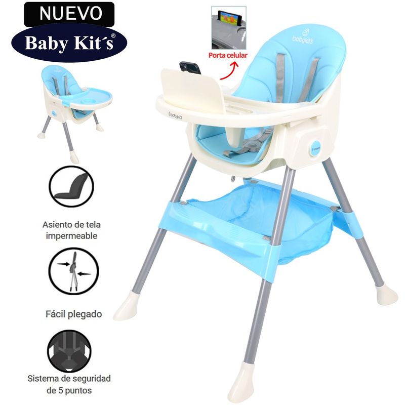 BABY KITS - Silla de Comer Baby Kits Plegable Doble bandeja STEPS Celest