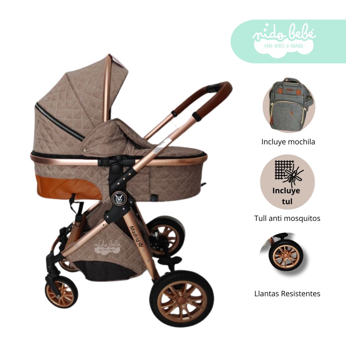 GENERICO - Coche Moises con mochila modelo Madrid Deluxe Beige