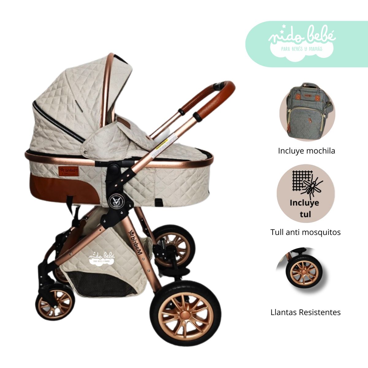 GENERICO - Coche Moises con mochila modelo Madrid Deluxe Blanco