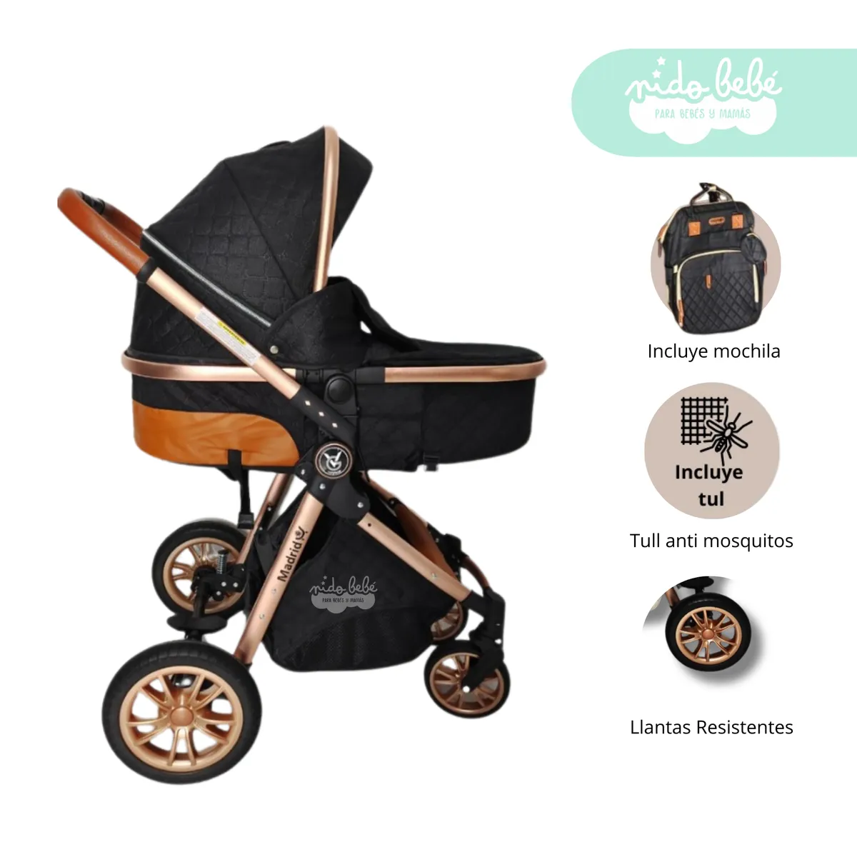 GENERICO - Coche Moises con mochila modelo Madrid Deluxe Negro