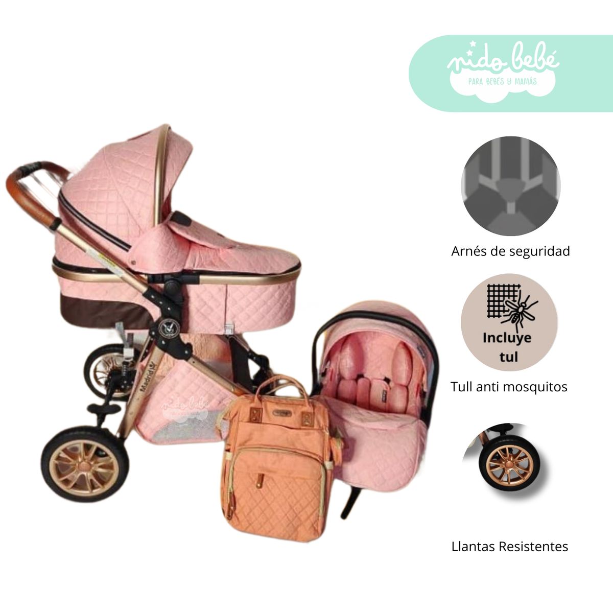 GENERICO - Coche Moises 4 en 1 modelo Madrid Deluxe Rosado