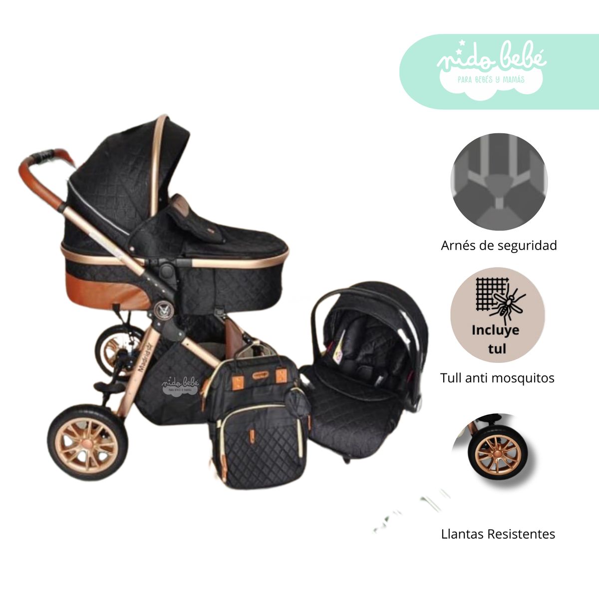 GENERICO - Coche Moises 4 en 1 modelo Madrid Deluxe Negro