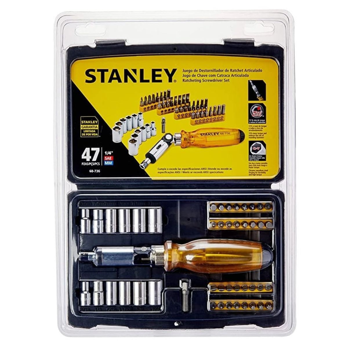 STANLEY - JUEGO DE DADOS DESTORNILLADOR RATCHET ARTICULADO PUNTILLAS, 47 PZAS