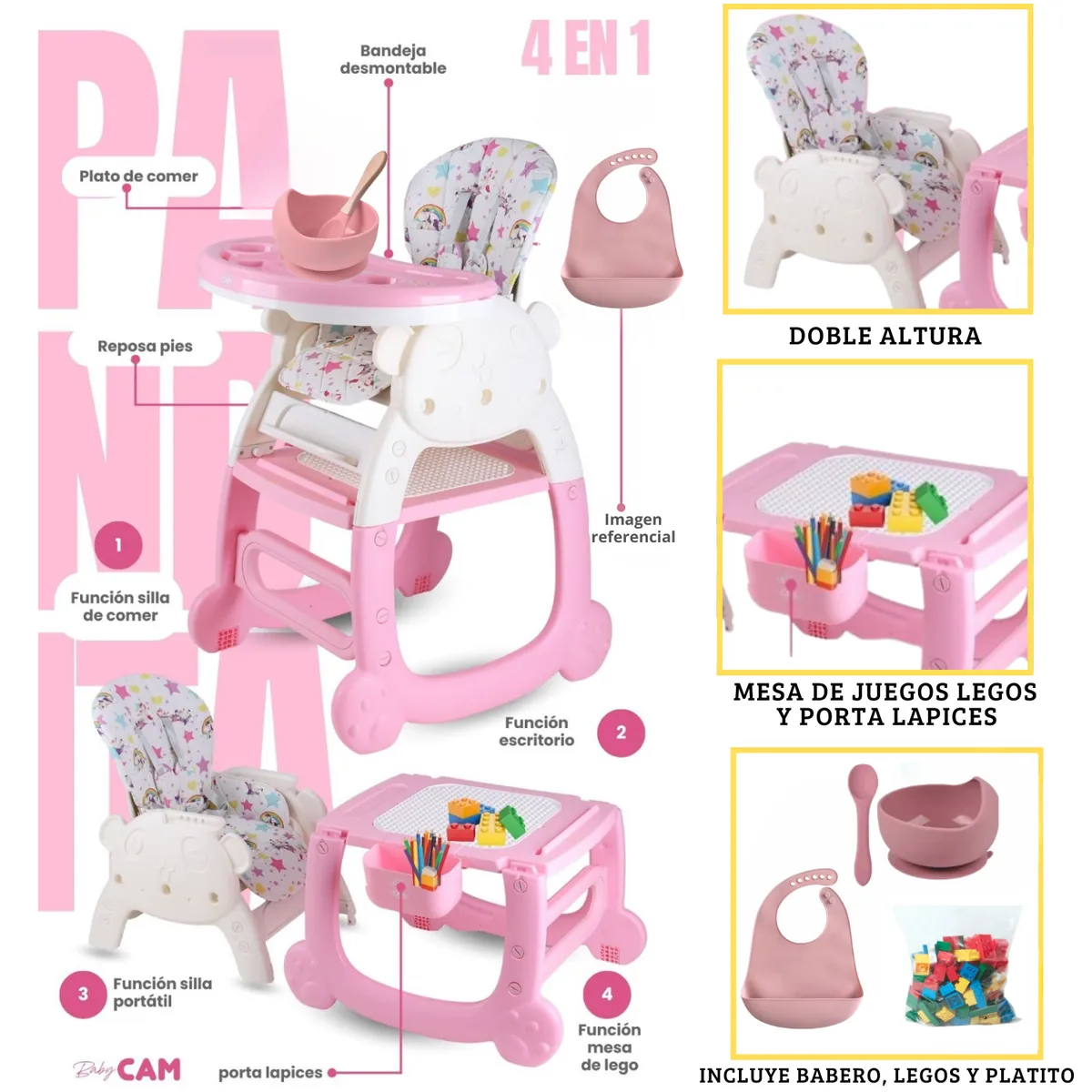 CAM - Silla de comer para bebé CARPETA PANDA ROSADO 4 en 1