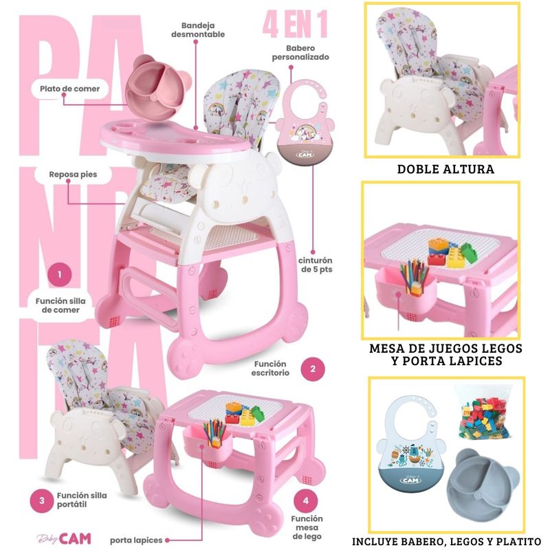 CAM - Silla de comer para bebé CARPETA PANDA ROSADO 4 en 1