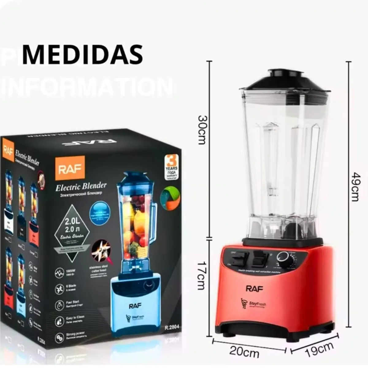 GENERICO - LICUADORA MULTIFUNCIONAL RAF 2LT 1800W + MEZCLADORA