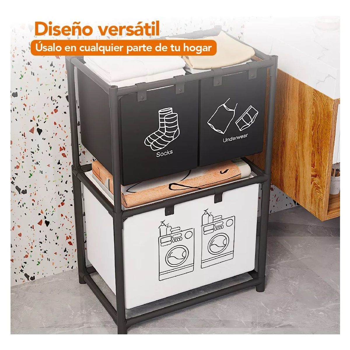 GENERICO - Cesto Organizador Para Lavanderia De 2 Niveles Y 3 Divisiones