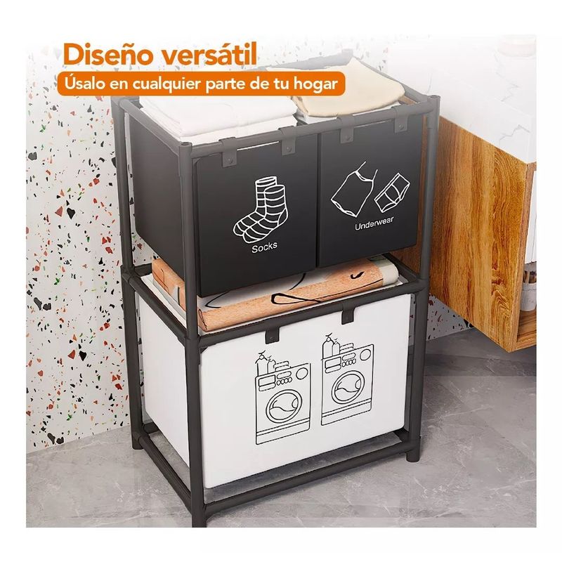 GENERICO - Cesto Organizador Para Lavanderia De 2 Niveles Y 3 Divisiones
