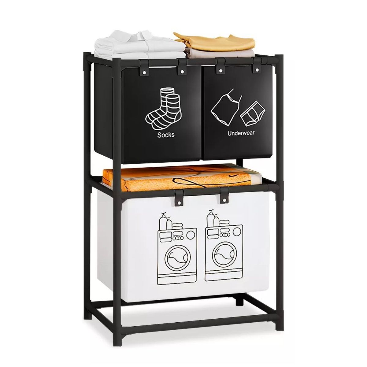 GENERICO - Cesto Organizador Para Lavanderia De 2 Niveles Y 3 Divisiones