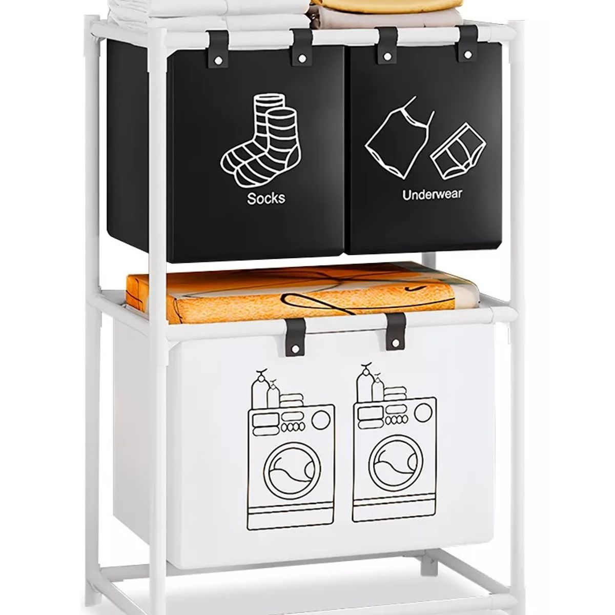 GENERICO - Cesto Organizador Para Lavanderia De 2 Niveles Y 3 Divisiones