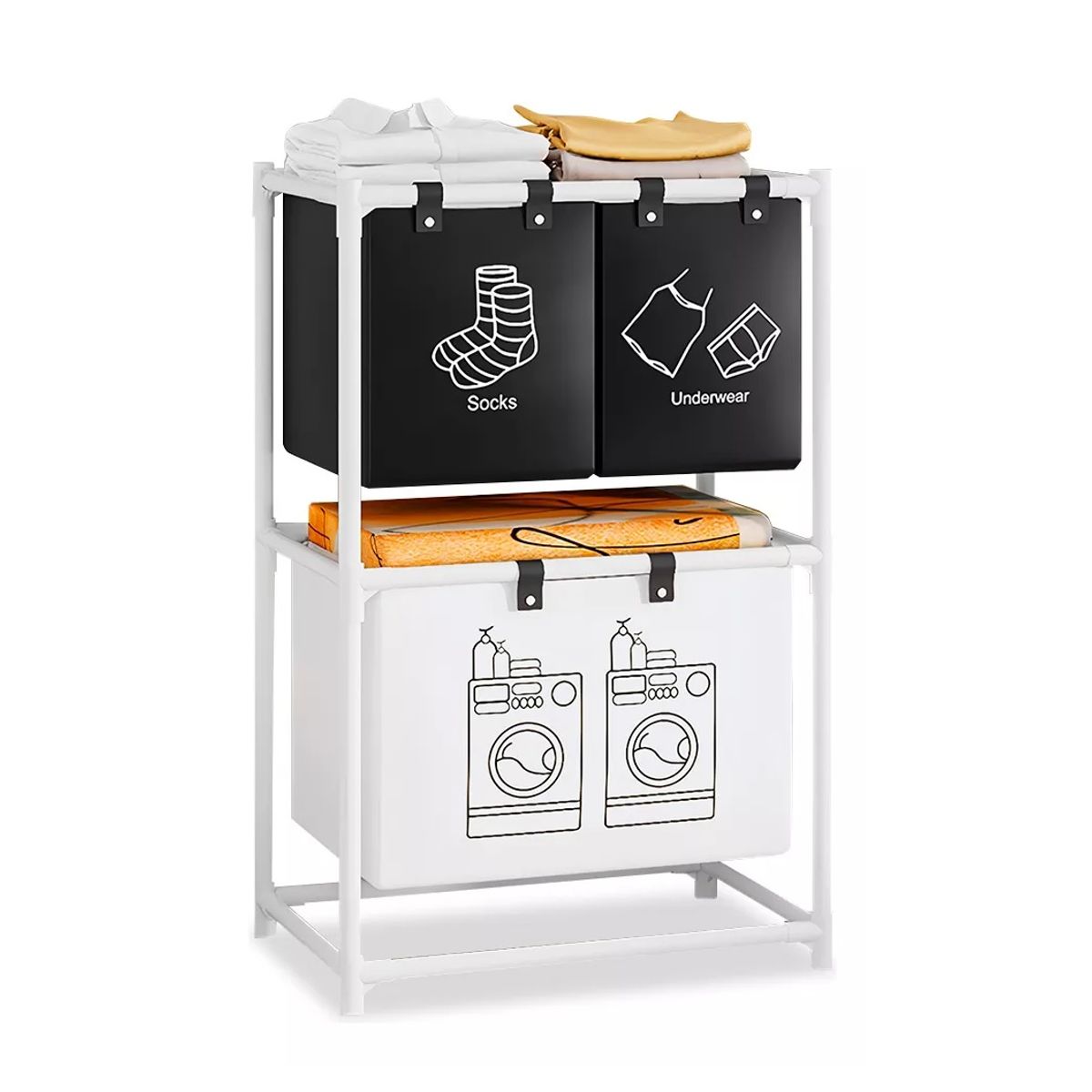 GENERICO - Cesto Organizador Para Lavanderia De 2 Niveles Y 3 Divisiones