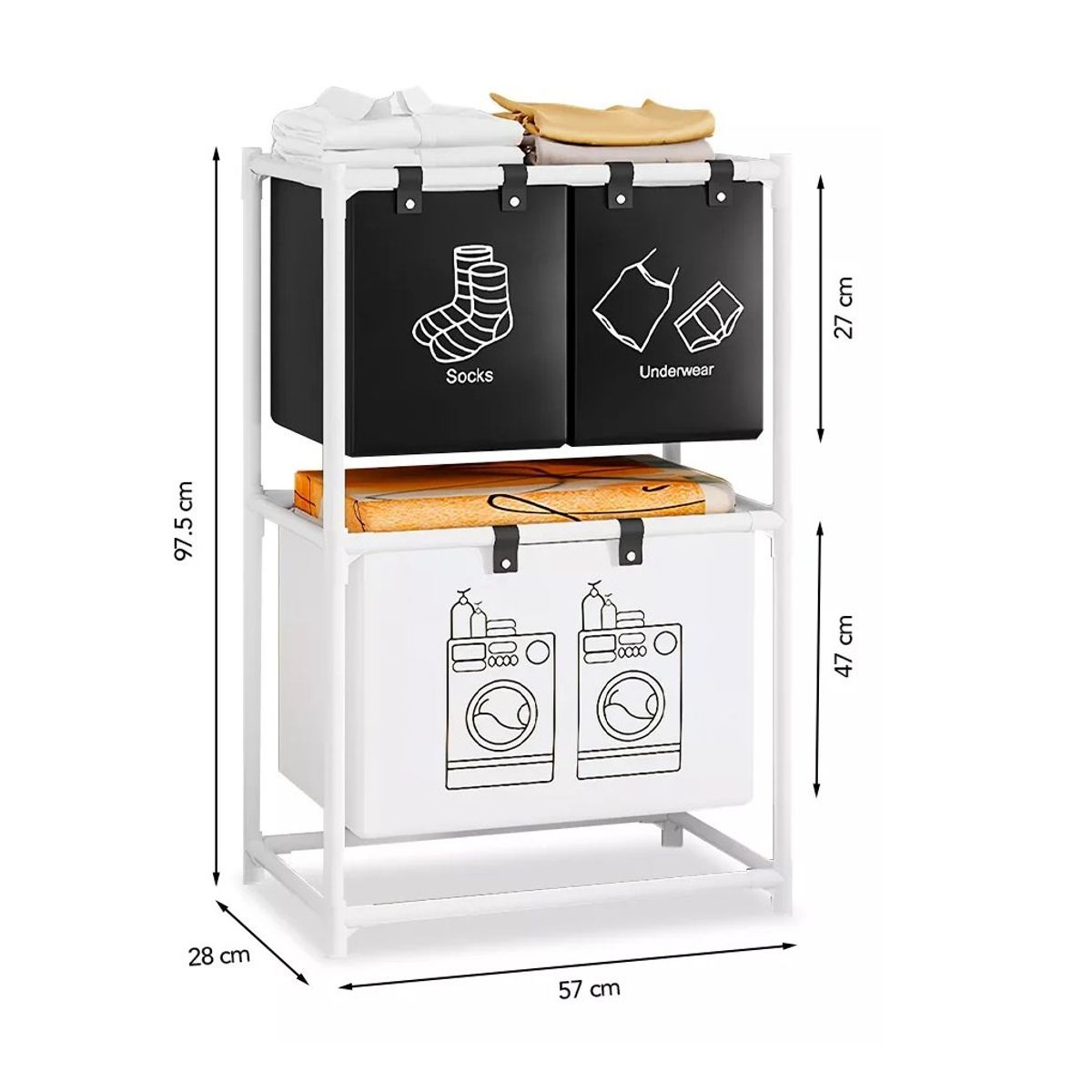GENERICO - Cesto Organizador Para Lavanderia De 2 Niveles Y 3 Divisiones