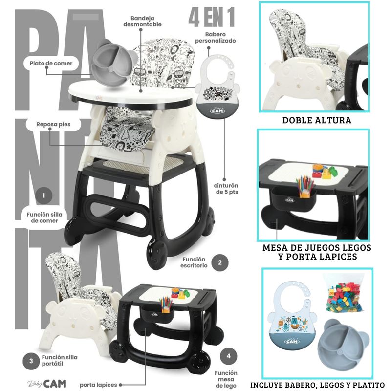 CAM - Silla de comer para bebe CARPETA PANDA NEGRO 4 en 1