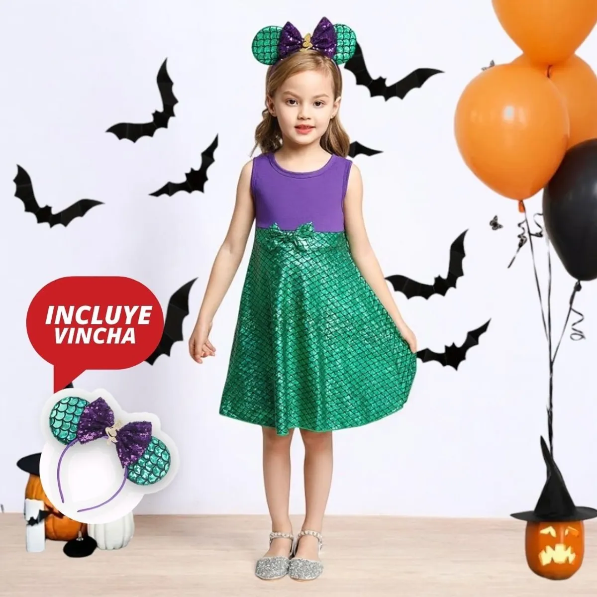 GENERICO - VESTIDO DE NIÑA PARA HALLOWEEN MODELO SIRENA  VESTIDO + VINCHA