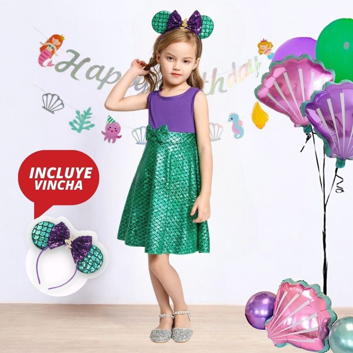 GENERICO - VESTIDO DE NIÑA TEMATICA LA SIRENITA  VESTIDO + VINCHA