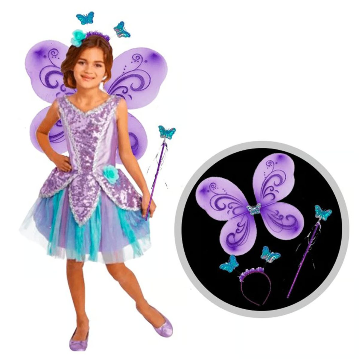 GENERICO - Alitas Mariposa Incluye Alita- Diadema - Varita Lila