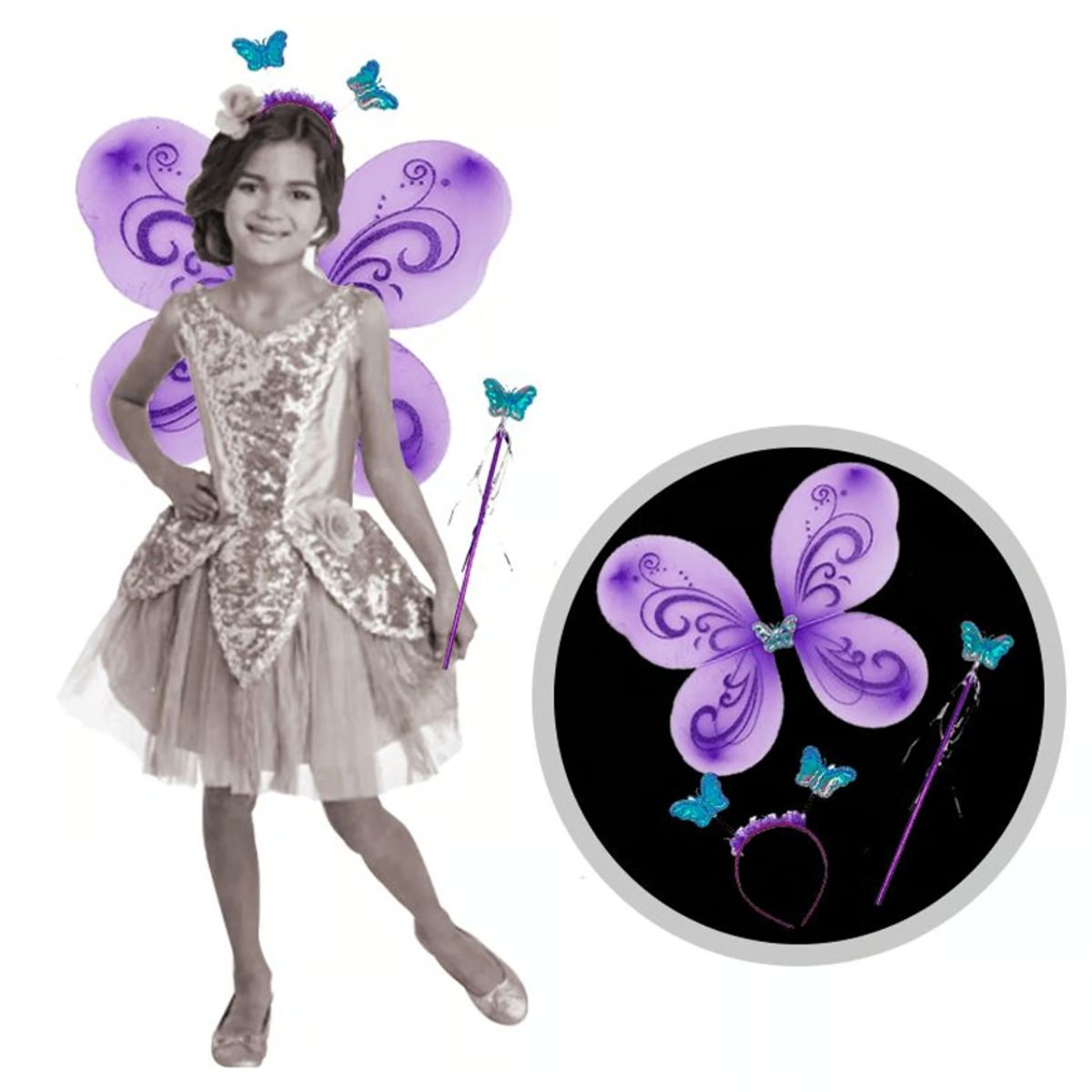 GENERICO - Alitas Mariposa Incluye Alita- Diadema - Varita Lila