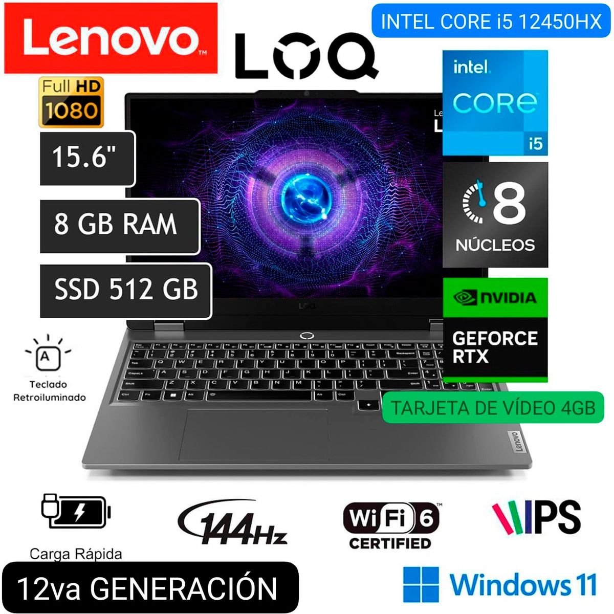 LENOVO - LAPTOP GAMER LENOVO LOQ 3i 15IAX9 83GS004LLM i5 12°GEN 15.6" FHD IPS 144Hz 8GB 512 SSD RTX2050 4GB W11