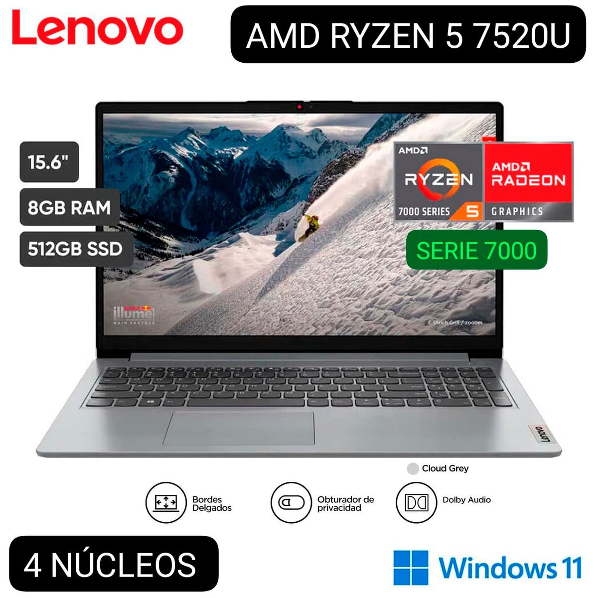 LENOVO - LAPTOP LENOVO IDEAPAD 1 15AMN7 82VG004CLM 15.6" FHD AMD RYZEN 5 SERIE 7000 8GB RAM 512GB SSD W11