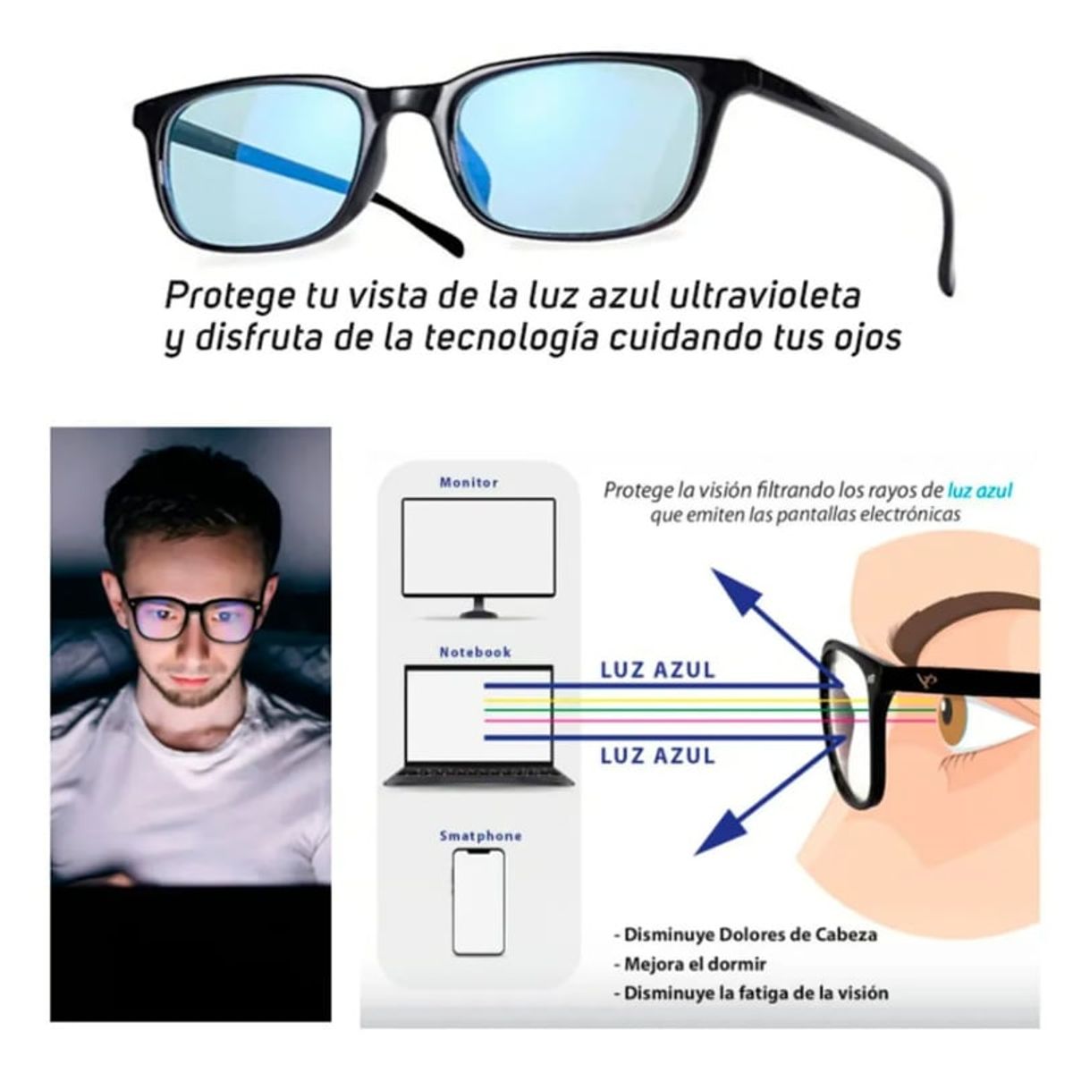 GENERICO - Lentes Negros con Protección Filtro Azul + Estuche y paño