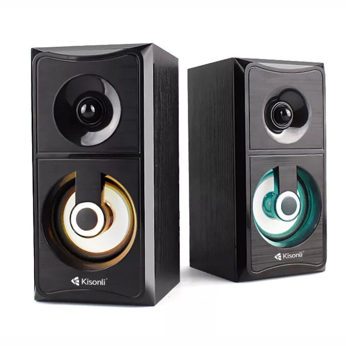 KISONLI - Parlante Stereo LED 2.0 - caja de MADERA  - PC Laptop Tablet Cel MP4