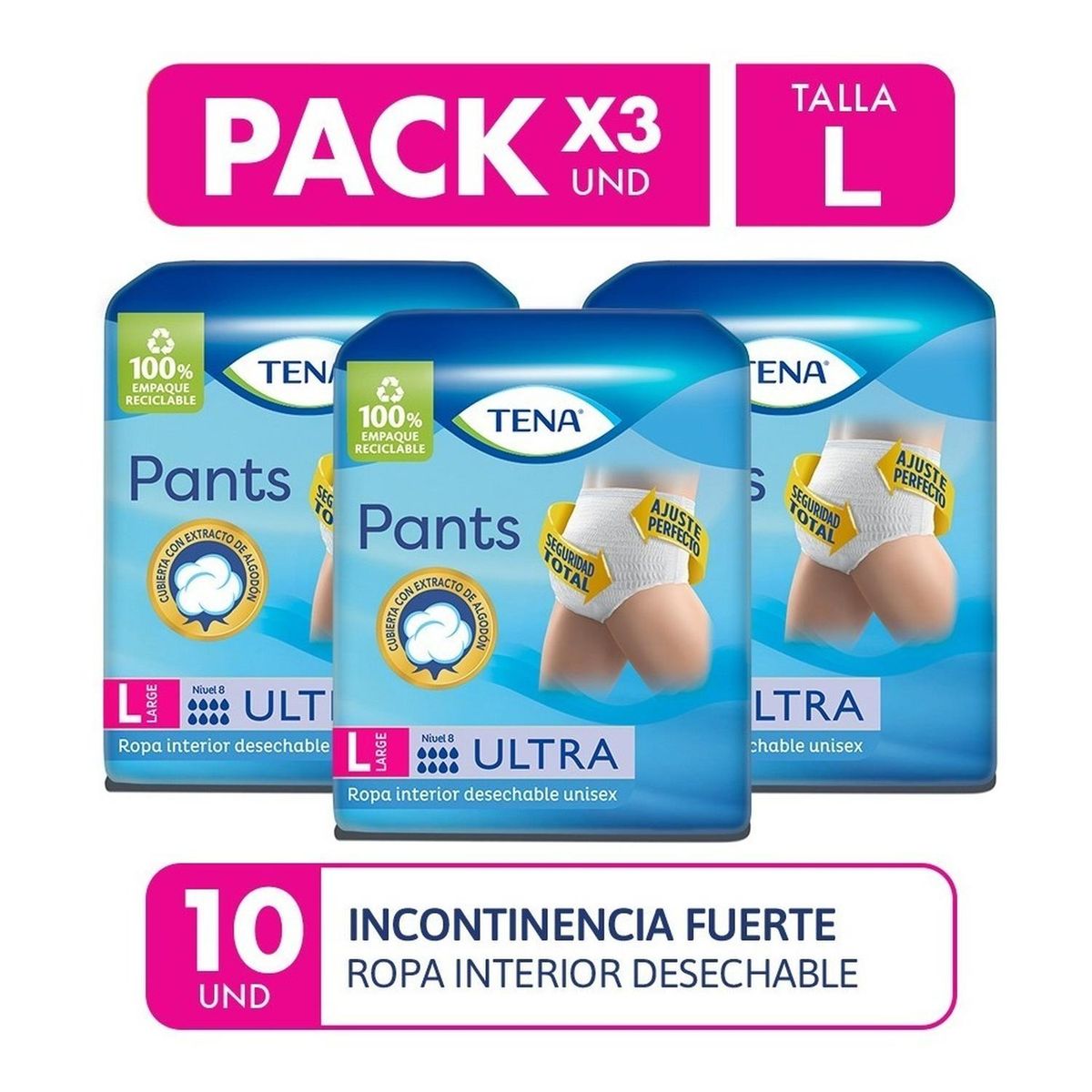 TENA - Ropa interior adultos tena pants ultra talla l 10un pack x3
